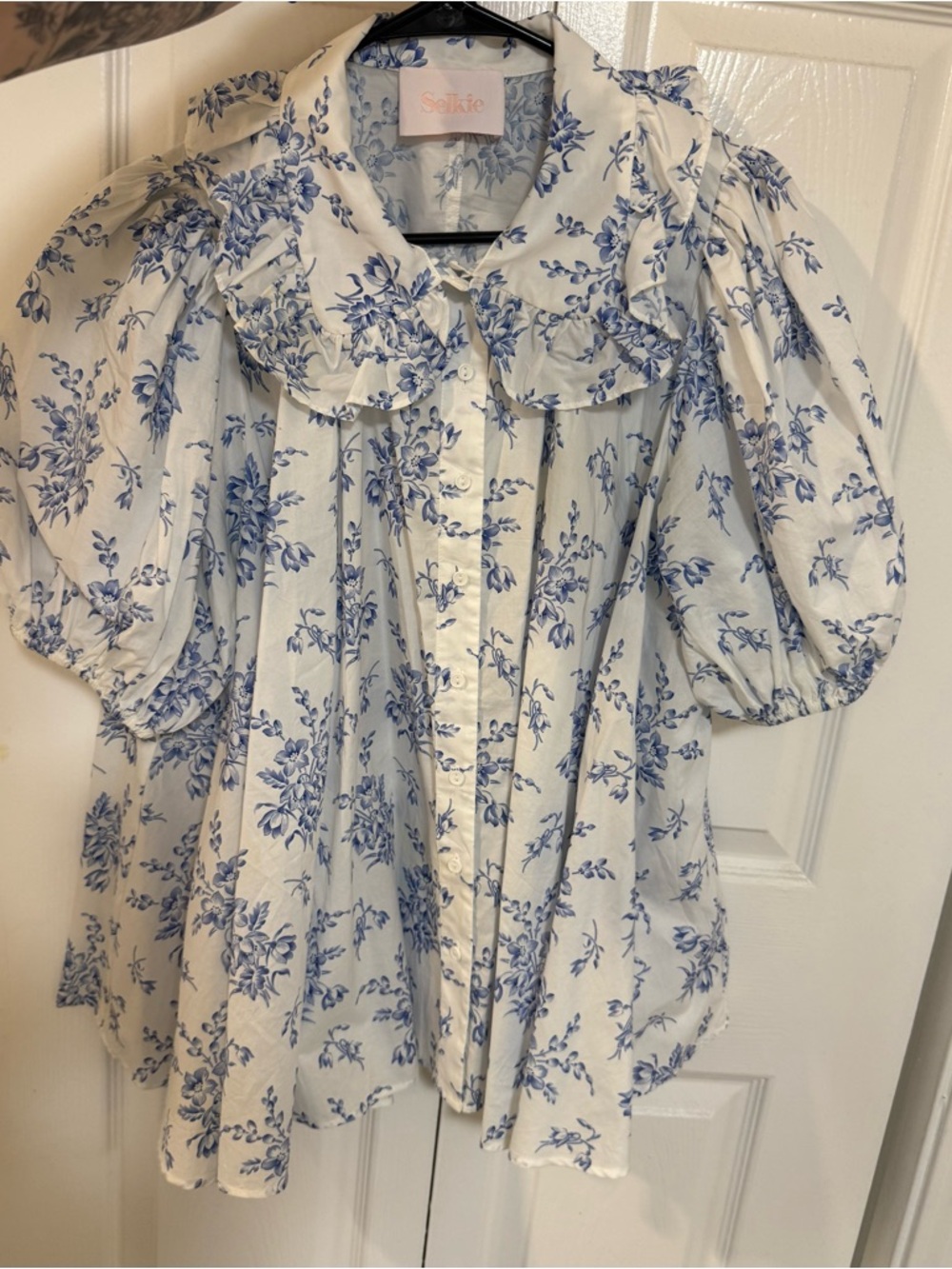 Selkie White Blouse with Blue Floral Ruffle Collar